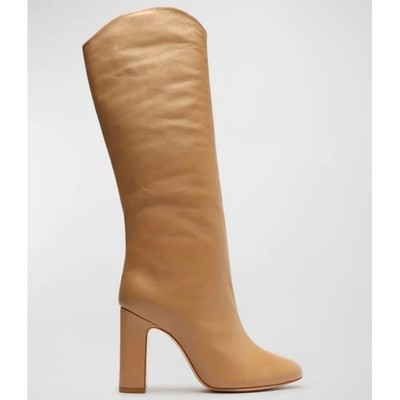 NIB Schutz Gabrielle Tan Leather Knee High Boots Block Heel Round Toe Size 5