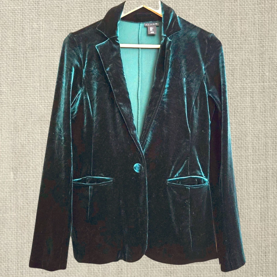 Chaqueta Blazer Tahari Bosque Profundo Verde Terciopelo Vacaciones Capricho Hadas Chaqueta/M Foto 2 de 4