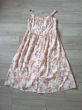 Pale Pink Floral Silky Button Front Flared Strappy Dress Boho Cottagecore UK8