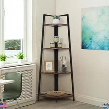 CAPHAUS 4-Tier Corner Shelf - Rustic Oak Wood Storage Bookshelf with Metal Frame