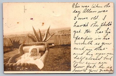 1907 Vintage Baby RPPC Postcard Wicker Crib Catus Handwritten Note Velox