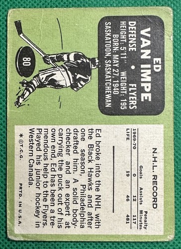 Ed Van Impe 1970 Topps #80 Philadelphia Flyers Low Grade - Picture 2 of 9