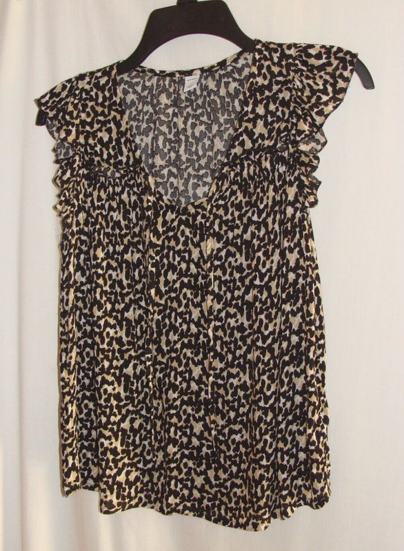 OLD NAVY Black & Beige RUFFLE Trim Sleeveless  ANIMAL Print BLOUSE Sz SMALL