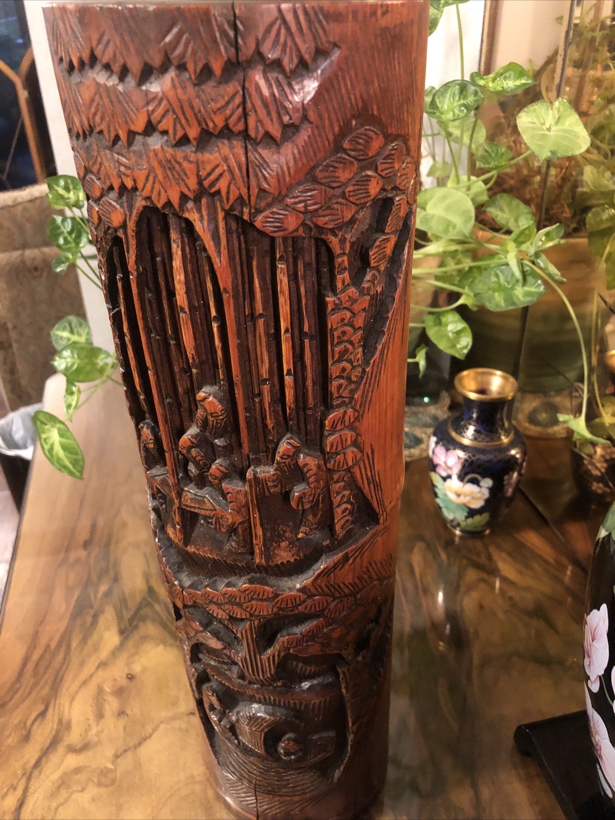 Japanese Antique Wooden Stand Carving 44 Cm High Calligraphy Pen Stand