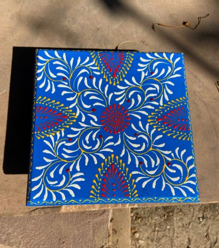 Wooden Blue Chowki Painted Stool Home Decor Low Table Indian Traditional Bajot - Picture 2 of 6