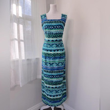 Vintage Y2K Sag Harbor Blue & Green Square Neck Sleeveless Maxi Dress