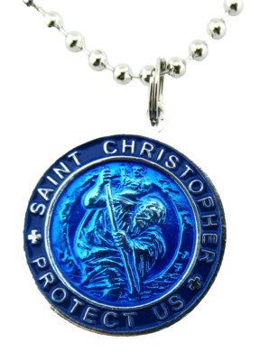 St. Christopher Large Surf Medal Necklace Protector of Travel am/nv Aqua/Navy