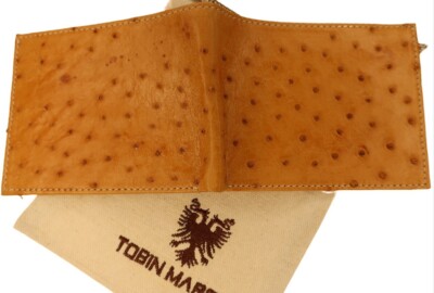 Tobin Marcus RFID Blocking Peruvian OSTRICH LEATHER WALLET Mens GIFT NEW Amber