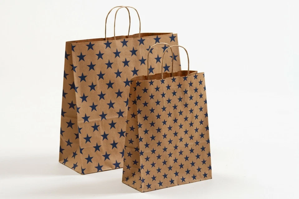 GK-VERPACKUNGEN SALE Papiertragetaschen Sterne Stars blau auf braun Papiertüten Tüten Kordel