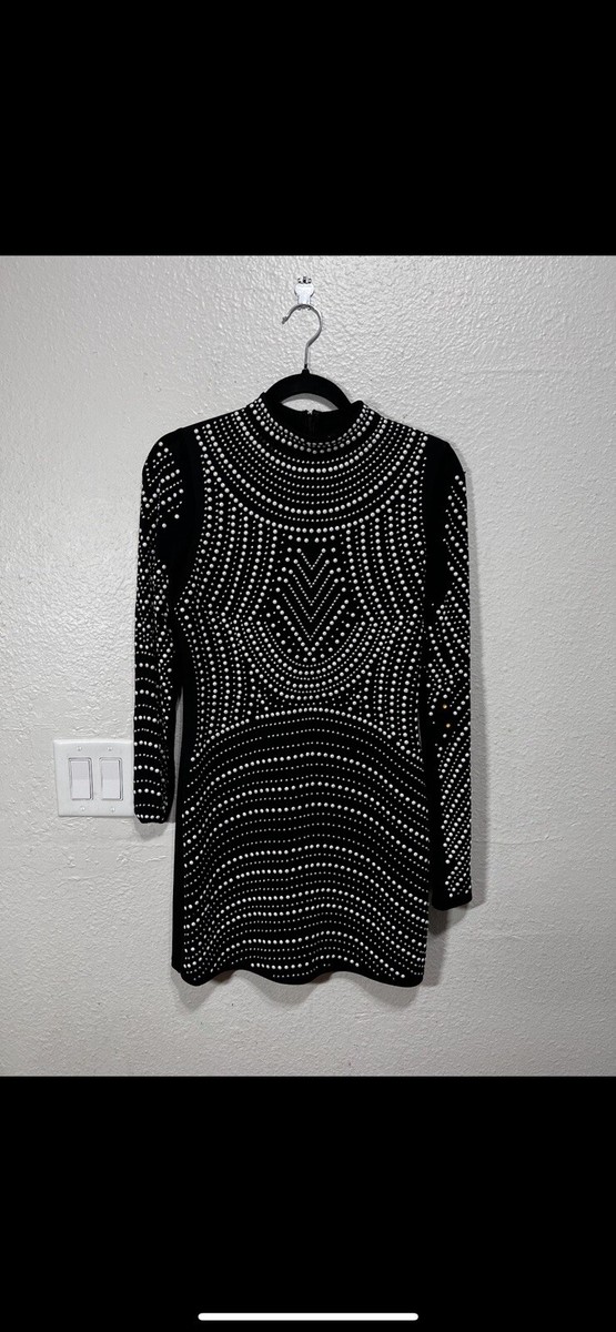 black sequin embellished knit mini dress Windsor Pearl Long Sleeve Bodycon M The accompanying knit bag