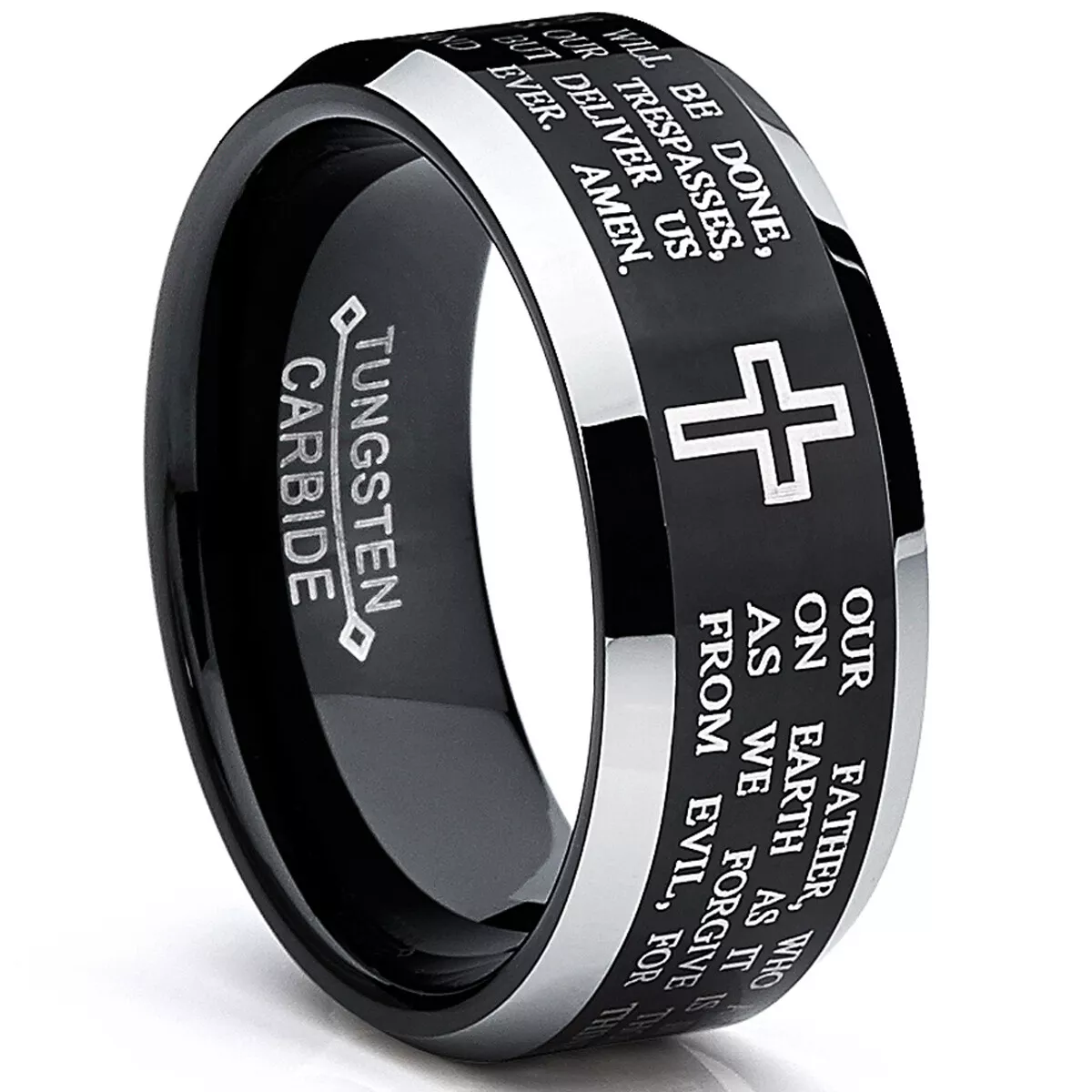 Men s Lords Prayer Tungsten Ring Christian Cross Wedding Band