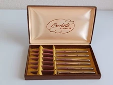 Vintage EVERBRITE Stainless Knives Set of 6 Fleur de Lis Pattern with Case