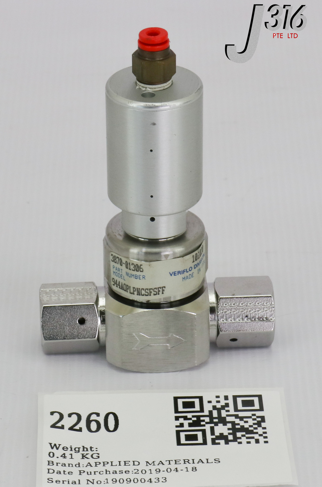 2260 APPLIED MATERIALS DIA VLV, MAX IN 125 PSI, P/N: 944AOPLPNCSFSFF 3870-01306
