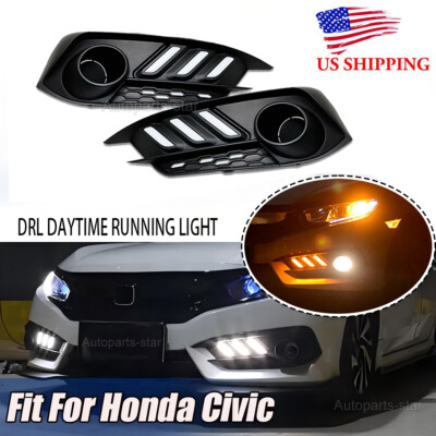 LED Daytime Running Light DRL Fog Lamp w/Turn Signal Fit 2016-2018 Honda Civic