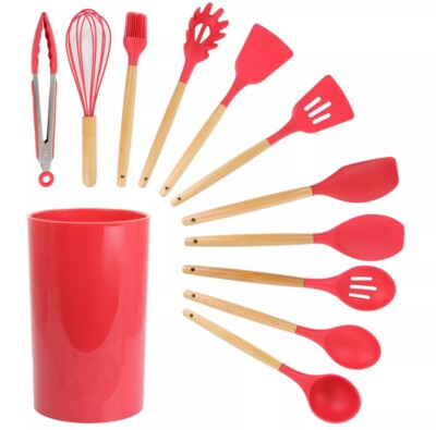 Megachef MegaChef Red Silicone and Wood Cooking Utensils, Set of 12