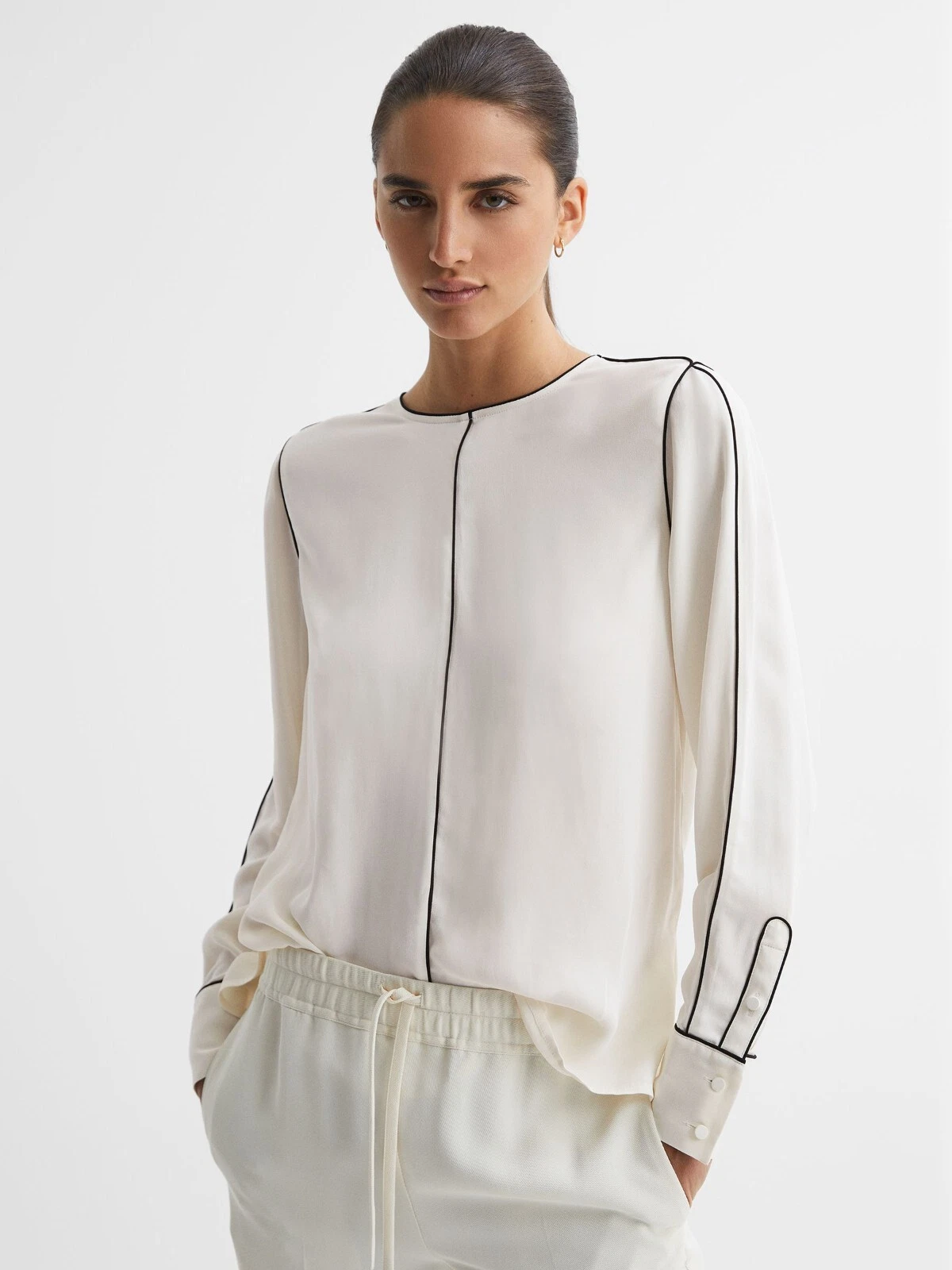 REISS Cream ESTELLA TRIM LONG SLEEVE BLOUSE SHIRT TOP