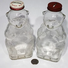 Lot of 2 VTG Snow Crest Beverages Glass Bear Shaped Bottle Banks Salem Mass EUC