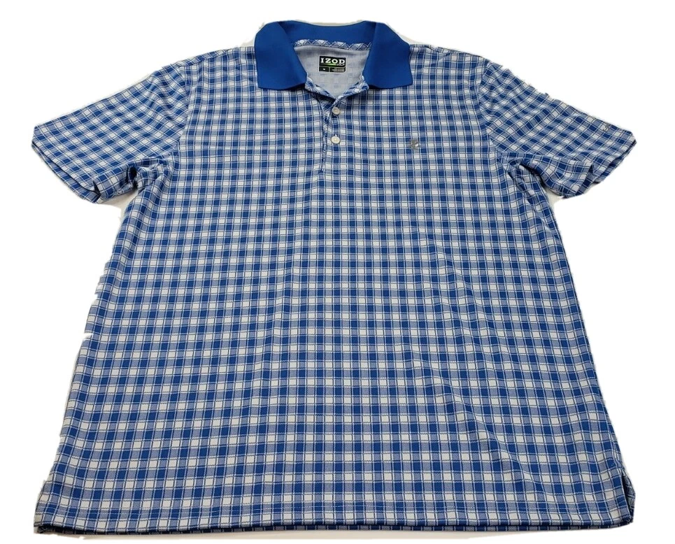 Izod Advantage Mens Medium Blue White Checkerd Golf Polo Casual Shirt