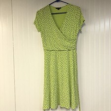 Lands' End Lime Green Navy Blue Polka Dot Faux Wrap Stretch Dress Tie Waist 6-8