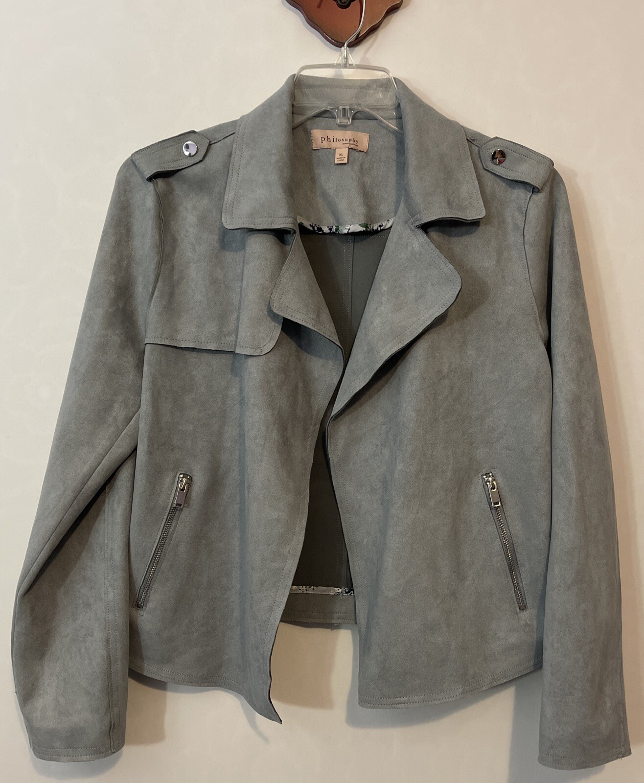 Philosophy Womens XL Gray Open-Front Velour Zip-Pocket Collared Jacket! A6599