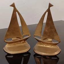 Vintage MCM Brass Abstract Sailboat Bookends Gorgeous Patina Solid Brass