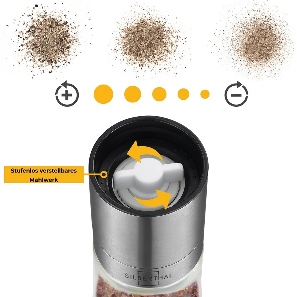 Gewürzmühle Set Pfeffermühle Salzmühle SILBERTHAL Edelstahl Keramik Glas Küche - Bild 2 von 4