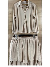 EKOUAER Beige Dot-Textured Button-Front Lounge Set NWT Large