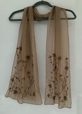 Atmosphere Sheer Beaded Embroidered Scarf - Taupe/Brown - 158 x 29cm