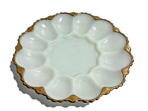 Vintage Anchor Hocking White Milk Glass Gold Trim Deviled Egg Platter Plate 10"