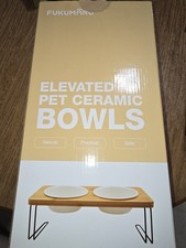 FUKUMARU Elevated Tilted Ceramic Bowls Set, Natural Wood Stand, 2 Raised Bowls
