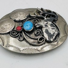 Handmade Southwestern Style Horse Belt Buckle Turquoise Coral