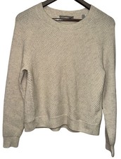 Vince Women's Sweater Diagonal Rib Crew Neck Wool Cashmere Blend Beige Small