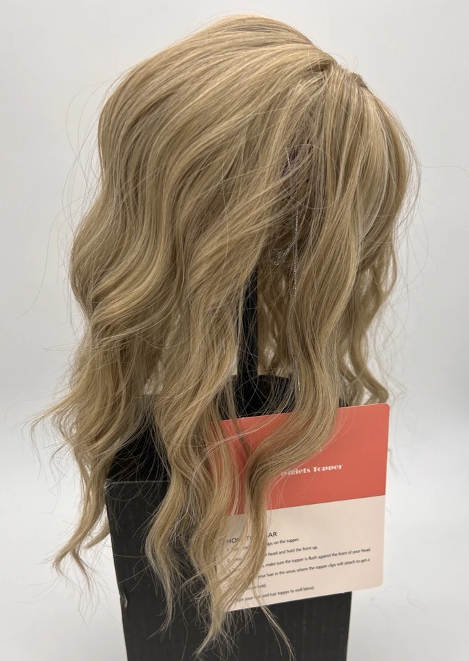 Toppers de cabelo loiro escuro com destaques ondulados com franjas finas 14 polegadas - Imagem 4 de 4