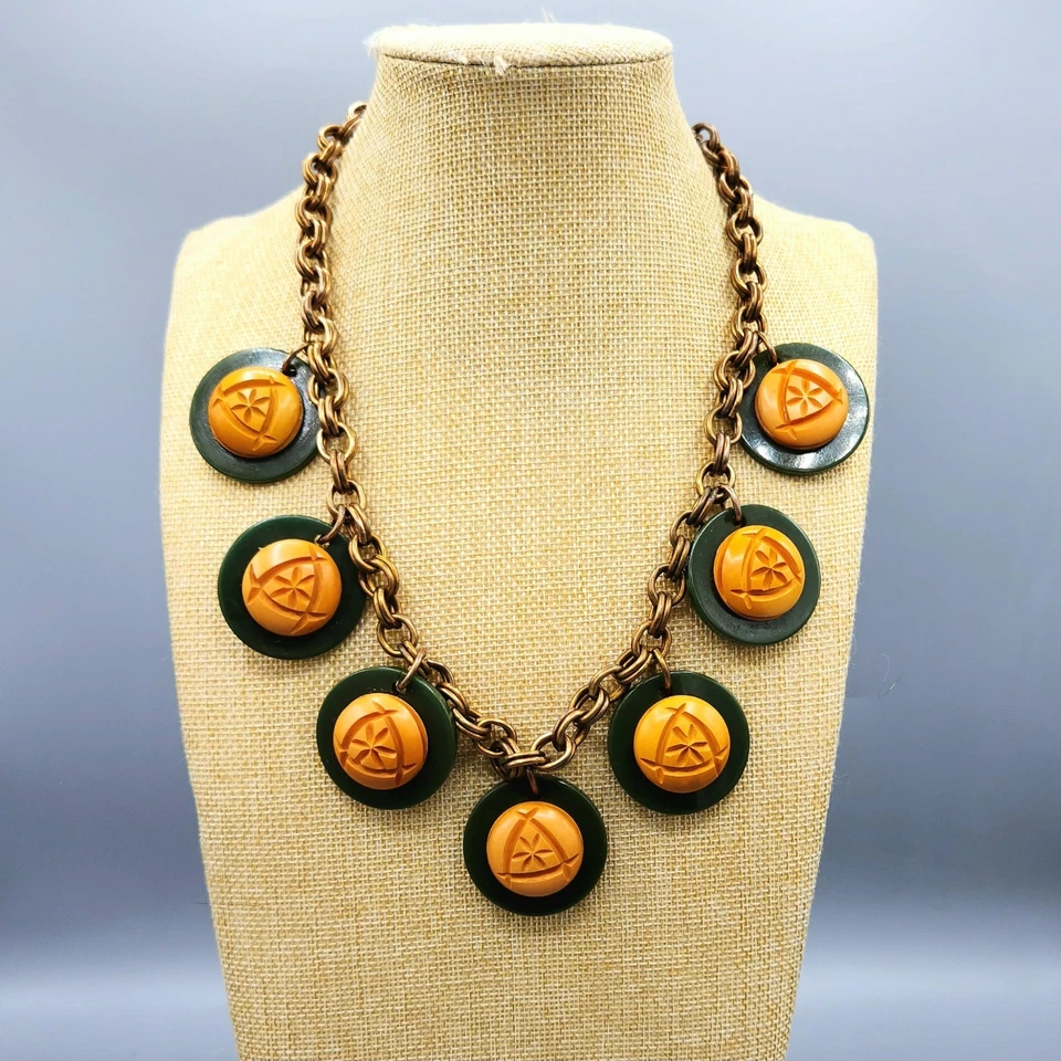 Green Spinach & Carved Butterscotch Bakelite Coin Charm Brass Chain Necklace 20" - Image 3 of 4