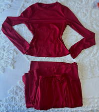 Women s Red 2-Piece Knit Set L Long Sleeve Crew Top Wide-Leg Drawstring Pants