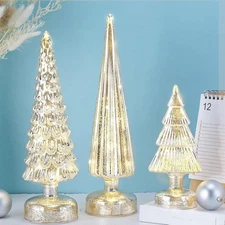 Retisee 3 Pcs Silver Illuminated Mercury Glass Christmas Tree Figurines with LED