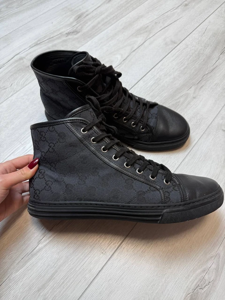 Gucci 426188 Men’s Black GG Monogram Canvas Leather High Tops Size 8 - Image 2 of 4