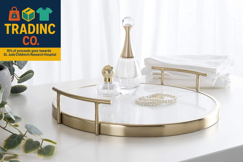 Marbury Modern round Tray, 14 Inch Diameter, White Marble and Gold, Contemporary - Image 2 of 4