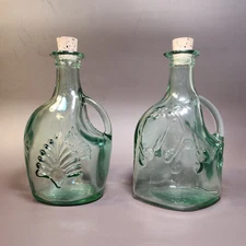 Vintage Green Glass Embossed Condiment Bottle/Cruet Homestead Farmhouse Set Of 2