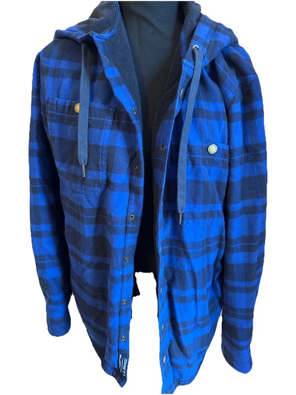 LL Bean Mens Hooded Flannel Shacket M Plaid Hooded Snap Buttons Jacket
