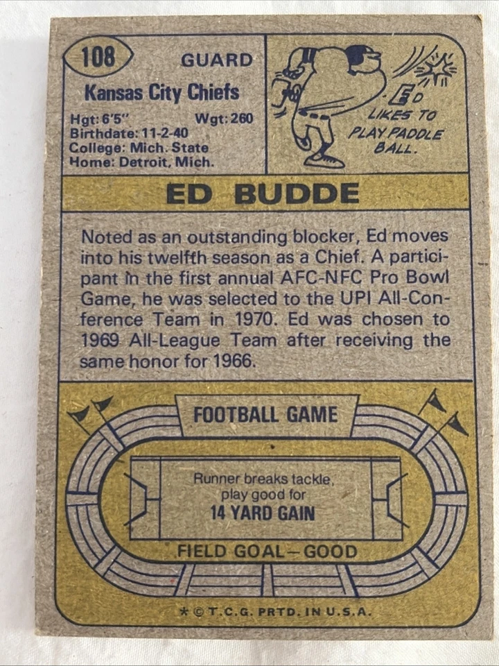 1974 Topps Football #108 Ed Budde Kansas City Chiefs Autograph - KD - Image 2 of 2