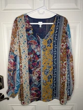 Dress Barn Women's 2X Paisley Blouse Elasticized Cuff Lined Glitter Thread