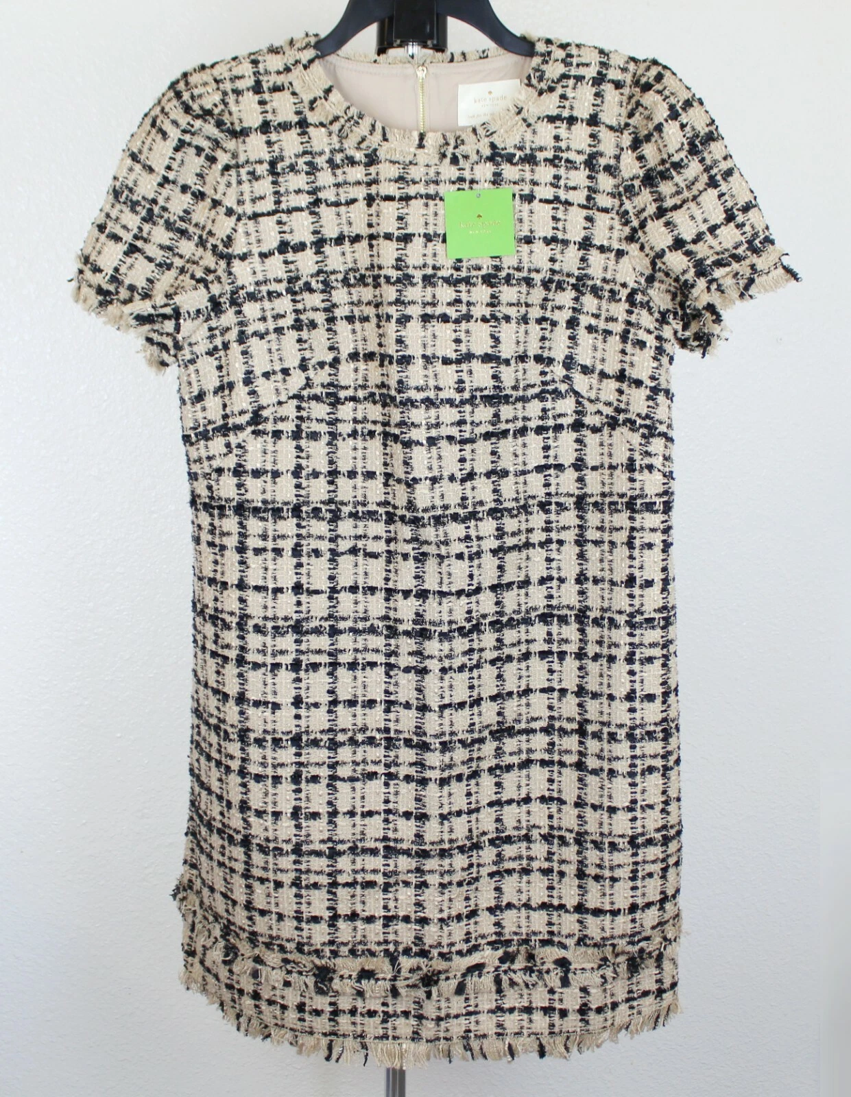 Abito in tweed con tubino scollo gioiello Kate Spade nuovo con etichette arachidi arrosto nero taglia 10