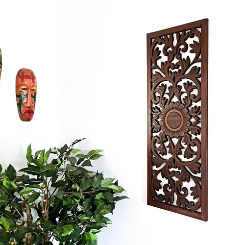 Carved Wooden Wall Art - Long Decorative Mandala Headboard Dark Walnut Panel - Picture 6 of 10