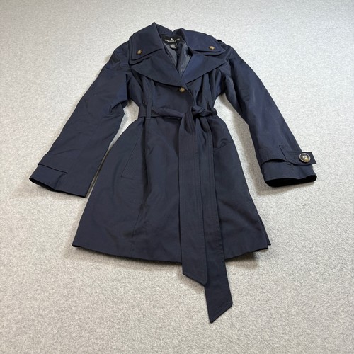 London Fog Trench Coat Woman S Blue Hooded Tie Academia Whimsy Capsule Heritage