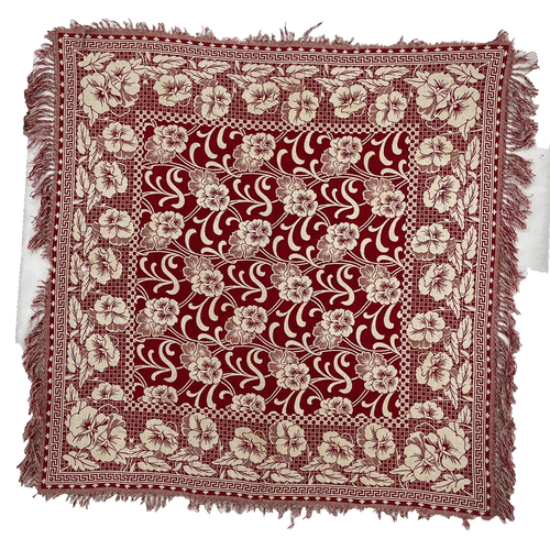 Red Damask Tablecloth 3" Fringe 43x41 Inches Red Work Coverlet Throw Linen - Picture 5 of 5