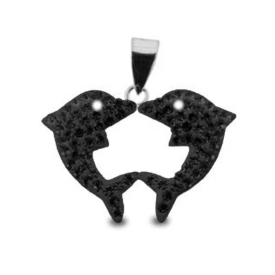925 Silber 3D Delphin Herz Anhänger Schwarz Strass Kette Kristalle Charms - Bild 1 von 2