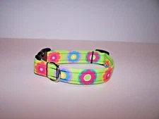 Wet Nose Designs Fun Flower Medallions Dog Collar Button Flowers on Green