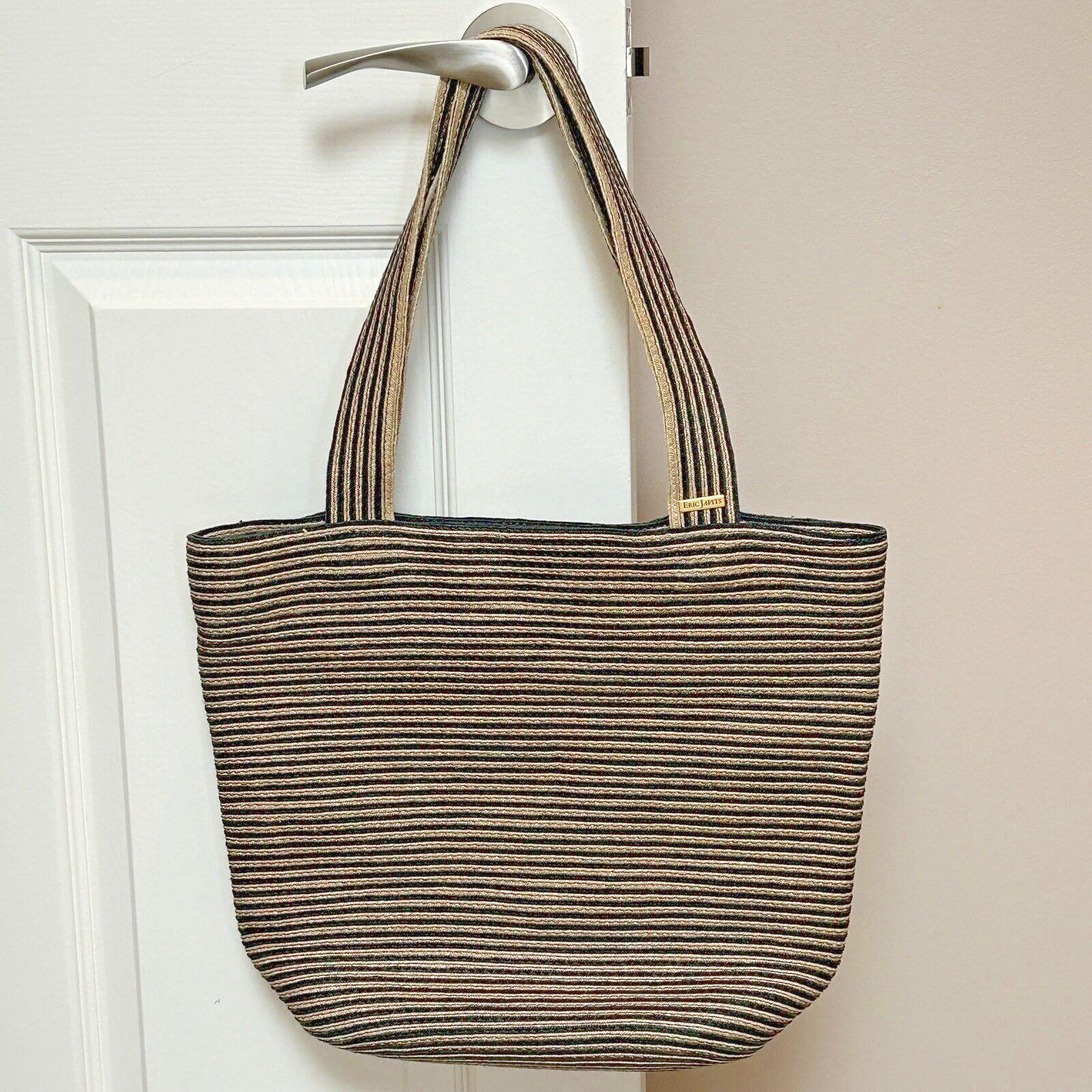 Bolso de Mano Eric Javits New York Squishee Negro/Natural Rayas Tejido Rafia