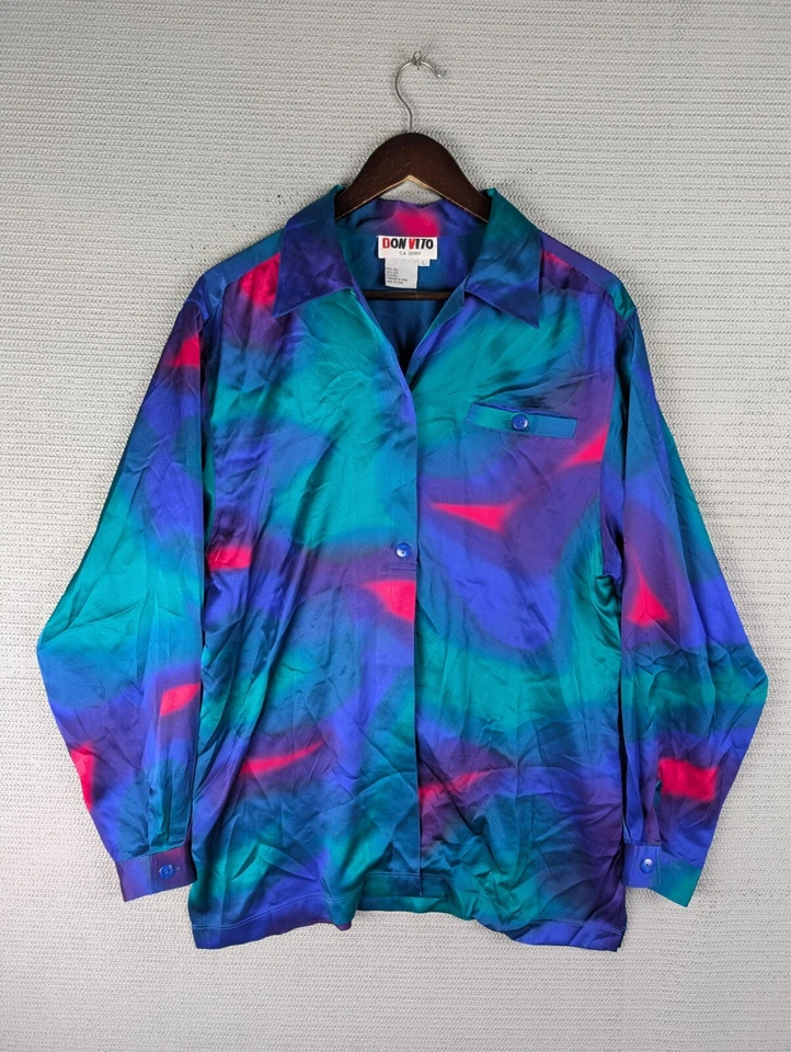 De Colección Don Vito Conjunto Seda Botones Top Camisa Falda Talla Grande Colorido Foto 2 de 4